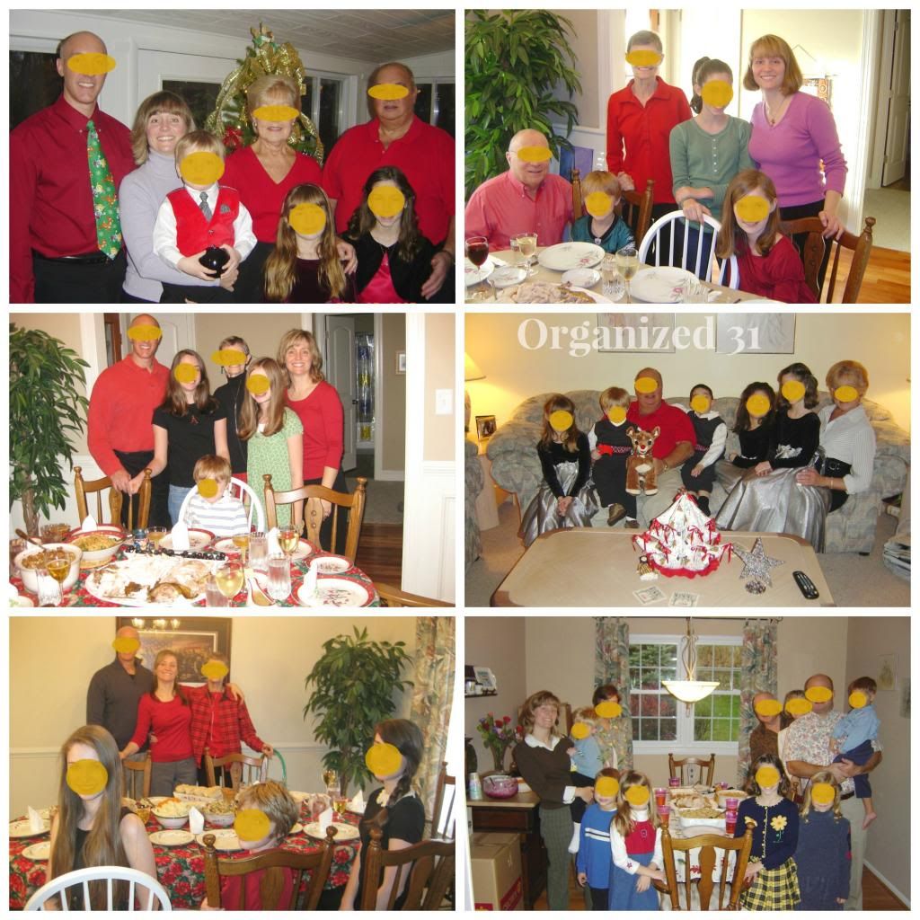 a collage of six images showing a family in different locations for a holiday meal